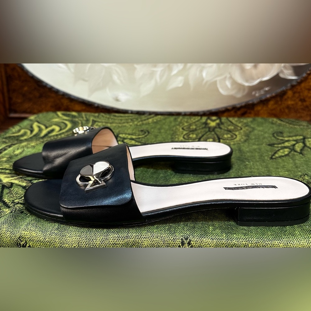Kate Spade Ferry Calf Leather Black Slide Sandals Gold ♠️ Logo Detail (8)‼️NIB‼️